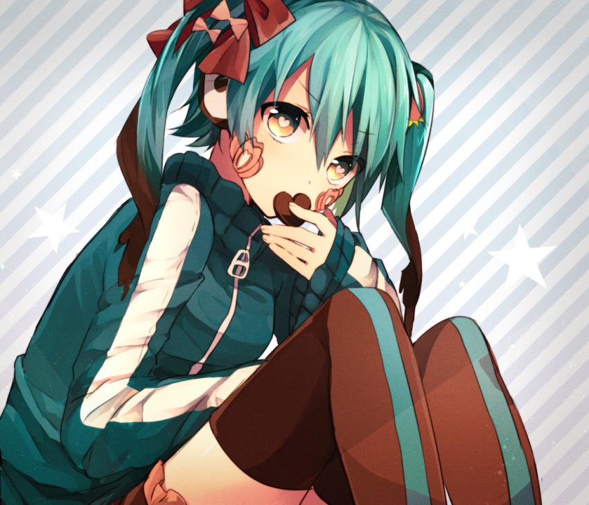 1girl, blue_hair, candy, chocolate, chocolate_heart, ene_(kagerou_project), facial_mark, female_focus