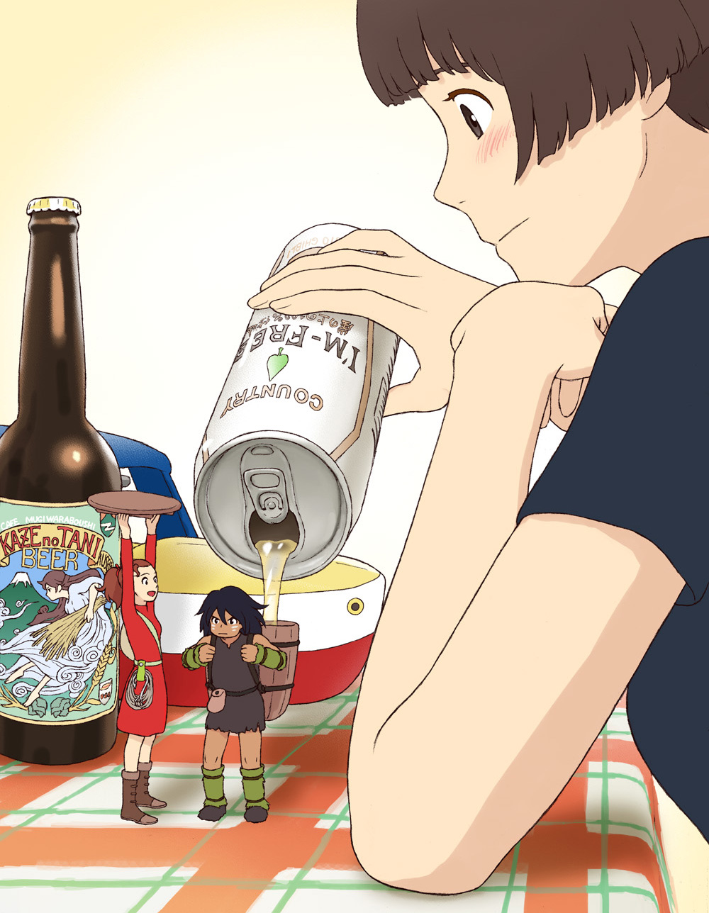00s, 10s, 1boy, 2girls, alcohol, arms_up, arrietty, basket, beer, beer_can, black_shirt, blouse, boots, bottle, brown_hair, can, company_connection, crossover, dress, drink_can, facepaint, gake_no_ue_no_ponyo, highres, jas_(littlecrime), karigurashi_no_arrietty, kaze_no_tani_no_nausicaa, lisa_(ponyo), mini_person, miniboy, minigirl, multiple_girls, ponytail, pouch, shirt, spiller, studio_ghibli, t-shirt, tablecloth