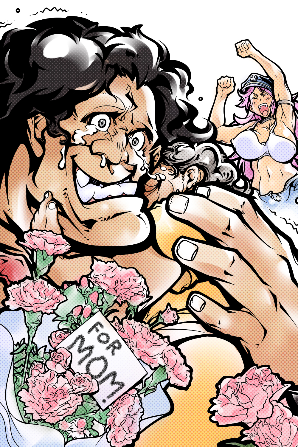 1boy, 2girls, bad_id, bad_pixiv_id, black_hair, bouquet, breasts, capcom