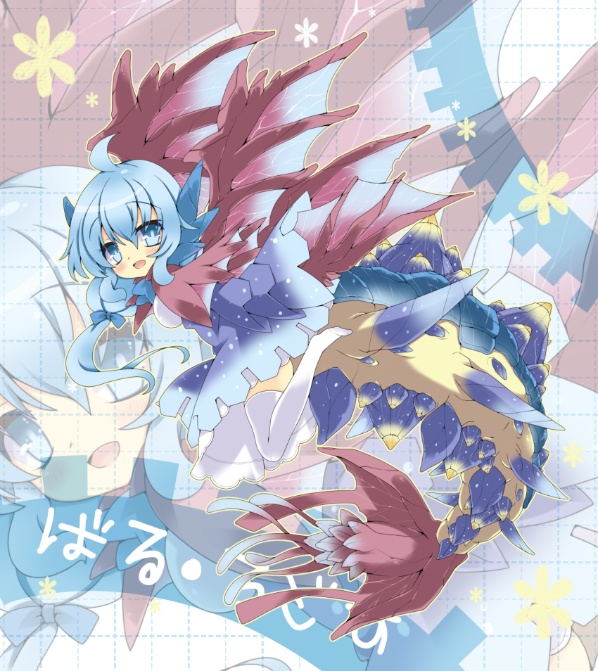 1girl, ahoge, bal_rodos, blue_eyes, blue_hair, blush, fins, highres