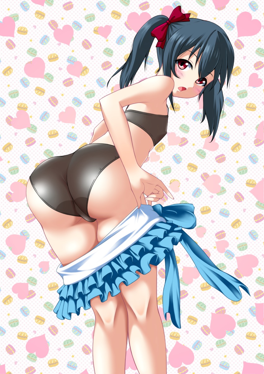 10s, 1girl, ass, black_bra, black_hair, black_panties, blush, bow