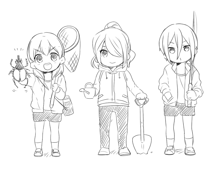 3boys, bad_id, bad_pixiv_id, butterfly_net, fishing_rod, greyscale, hair_over_one_eye, hand_net