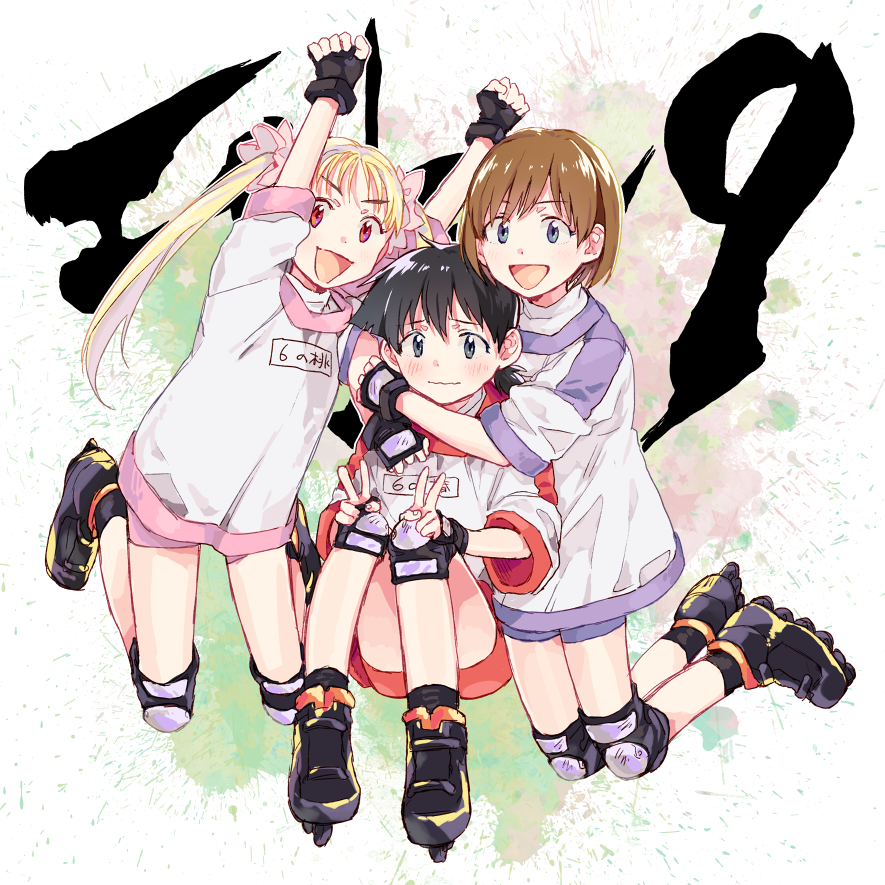 3girls, alien_nine, arms_up, bike_shorts, black_hair, blonde_hair, bow, brown_hair, copyright_name, double_v, fingerless_gloves, gloves, hair_bow, hug, kawamura_kumi, knee_pads, long_hair, mosuko, multiple_girls, nervous, official_style, ootani_yuri, roller_skates, short_hair, skates, smile, tomine_kasumi, twintails, v