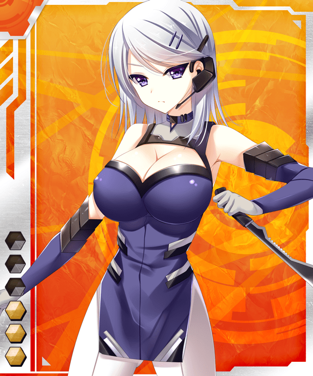 00s, 1girl, breasts, card_(hr), card_(medium), card_(orange-hr), cleavage, female_focus, knife, large_breasts, lilith-soft, purple_eyes, reina_nagiri, sakuranbo, short_hair, silver_hair, solo, taimanin_(series), taimanin_asagi, taimanin_asagi_battle_arena_all_card_gallery, taimanin_asagi_kessen_arena, weapon