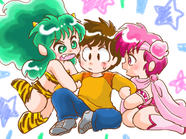 1boy, 2girls, angry, bikini, brown_hair, chibi, ebike, elle_de_rosenbach, green_eyes, green_hair, horns, lum, moroboshi_ataru, multiple_girls, pink_eyes, pink_hair, swimsuit, tagme, urusei_yatsura, urusei_yatsura_only_you