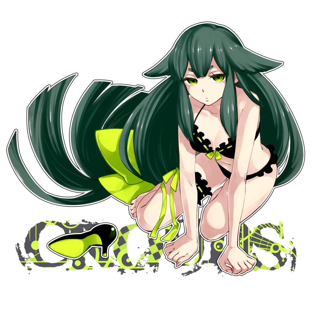 10s, 1girl, all_fours, barefoot, bikini, black_bikini, breasts, female_focus, frilled_bikini, frilled_thigh_strap, frills, gatchaman_crowds, green_eyes, green_hair, long_hair, looking_at_viewer, low-tied_long_hair, matching_hair/eyes, miya_utsutsu, reiji000, simple_background, small_breasts, solo, swimsuit, thigh_strap, very_long_hair, white_hair