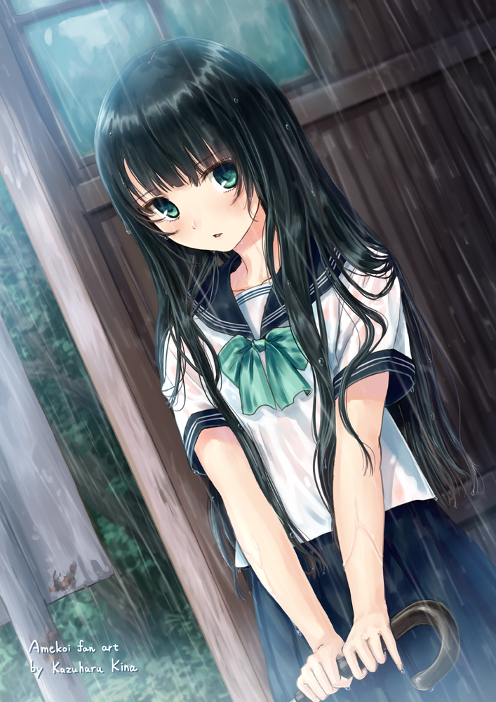 1girl, ame_koi, amekoi, aqua_eyes, artist_name, black_hair, blush, borrowed_character, copyright_name, female_focus, hair_flowing_over, isshi_mizuki, kazuharu_kina, long_hair, looking_at_viewer, open_mouth, original, rain, school_uniform, serafuku, shirt, skirt, solo, umbrella, very_long_hair, wet, wet_clothes, wet_shirt