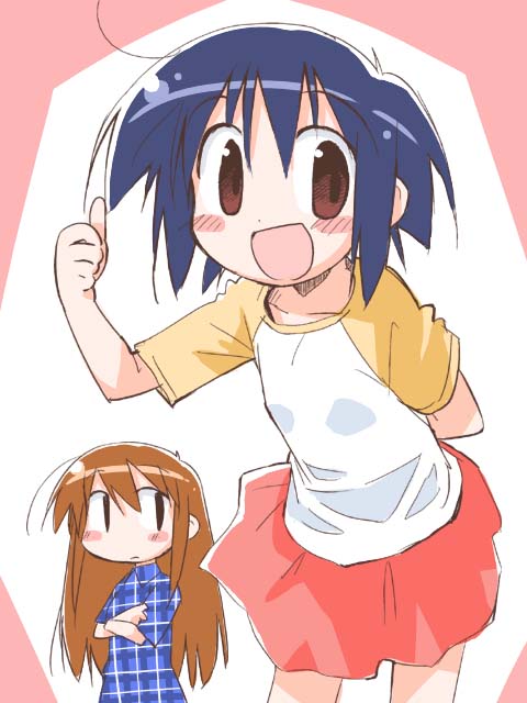 2girls, blush_stickers, hikawa_mio, hirona_ex, multiple_girls, nakamura_hirona, raglan_sleeves, suka