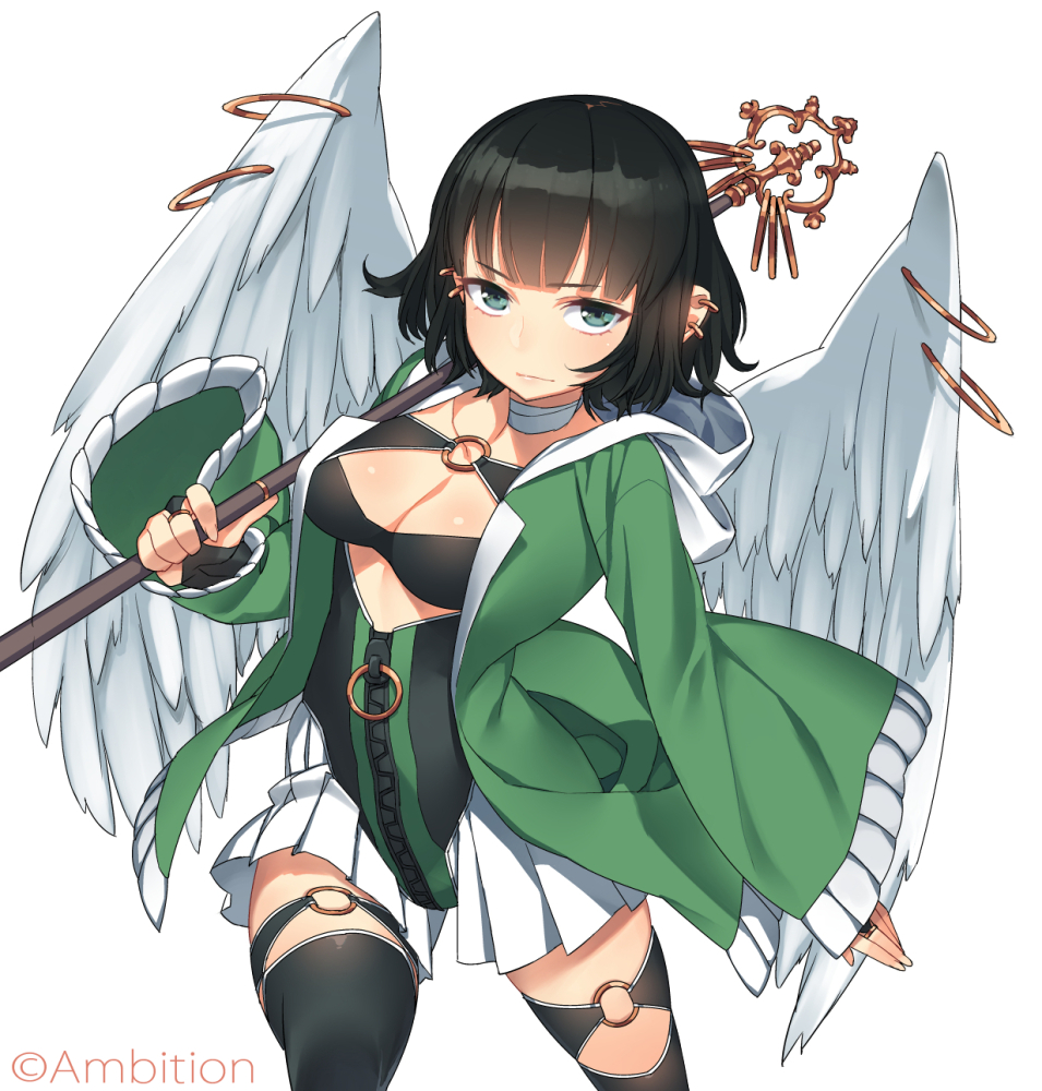 1girl, angel_wings, black_hair, black_thighhighs, breasts, bridal_gauntlets, cleavage, ear_piercing, earrings, female_focus, himekiss, jewelry, large_breasts, o-ring, piercing, simple_background, solo, staff, tatsuwo, thighhighs, white_background, white_wings, wings, zipper