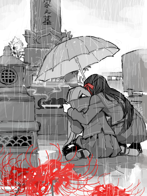 2girls, black_hair, bow, comforting, flower, grave, greyscale, hair_bow