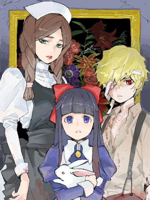 1boy, 2girls, apron, aya_drevis, bandage_over_one_eye, bandages, blonde_hair, blood