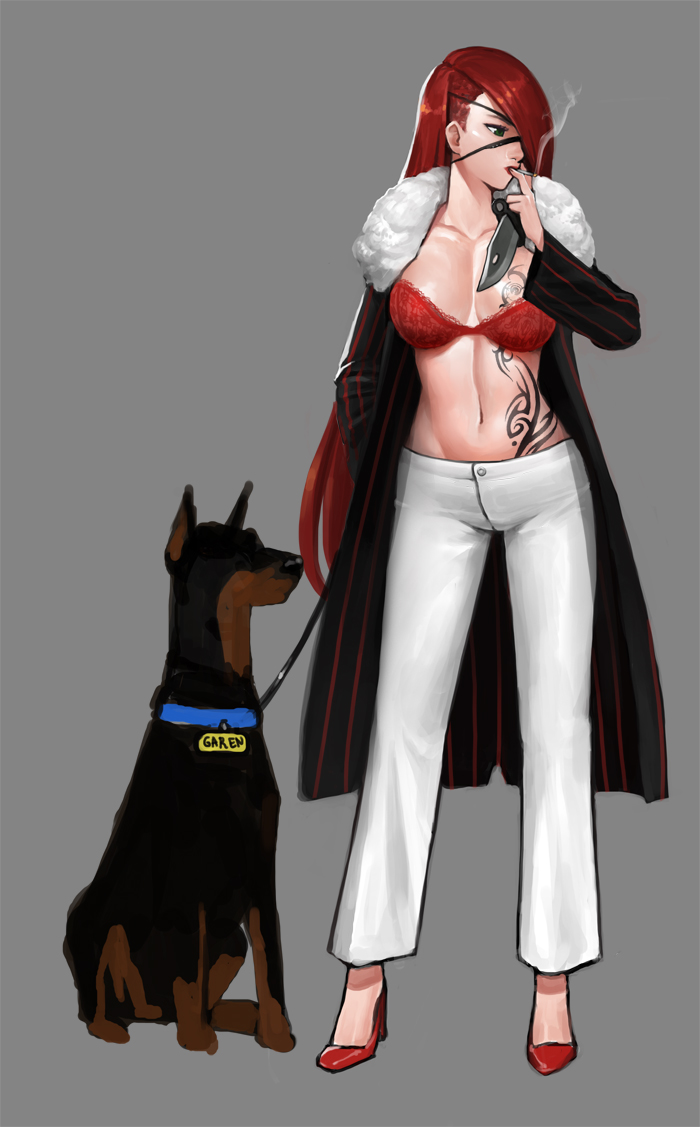 1girl, alternate_costume, bling_(wnsdud34), bra, breasts, dog, eyepatch, female_focus