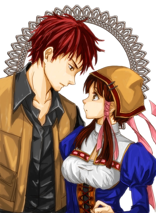 1boy, 1girl, atelier_(series), atelier_lilie, brown_eyes, brown_hair, expressionless, eye_contact, face-to-face, hair_ribbon, hat, height_difference, hetero, juliet_sleeves, lilie_(atelier), long_sleeves, looking_at_another, nakaharaka, puffy_sleeves, ribbon, shirt, short_hair, sidelocks, tress_ribbon, vest, werner_gretenthal