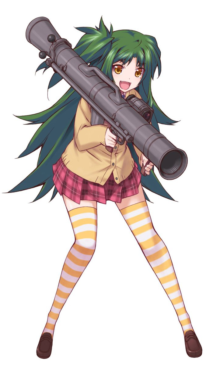 1girl, :d, artist_request, bullet_girls, cardigan, carl_gustaf_8.4cm_recoilless_rifle, carl_gustaf_recoilless_rifle, carl_gustaf_stads_gevarsfaktori