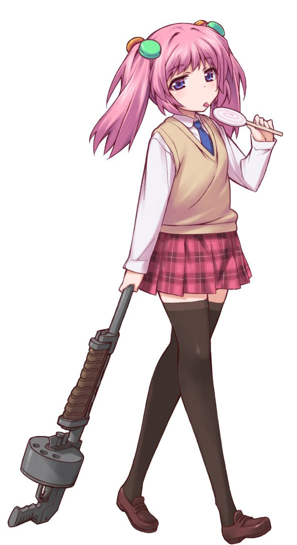 1girl, amamine_saki, artist_request, black_thighhighs, blue_eyes, bullet_girls, candy, female_focus, food, full_body, gun, hair_ornament, holding, loafers, lollipop, long_hair, long_sleeves, necktie, official_art, pink_hair, plaid_clothes, plaid_skirt, pleated_skirt, purple_eyes, school_uniform, shoes, simple_background, skirt, solo, sweater_vest, swirl_lollipop, thighhighs, tongue, tongue_out, twintails, vest, weapon, white_background