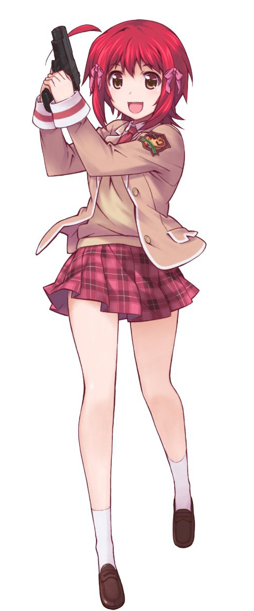 1girl, :d, ahoge, blazer, brown_eyes, bullet_girls, female_focus, full_body, gun, hair_ornament, hair_ribbon, handgun, highres, hinomoto_aya, jacket, loafers, long_sleeves, necktie, official_art, open_mouth, pistol, plaid_clothes, plaid_skirt, pleated_skirt, red_hair, ribbon, school_uniform, shoes, short_hair, sig_sauer, simple_background, skirt, sleeve_cuffs, smile, socks, solo, trigger_discipline, unbuttoned, weapon, white_background, white_socks