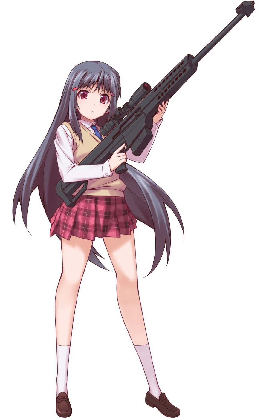 1girl, :<, anti-materiel_rifle, artist_request, barrett_m82, black_hair, bullet_girls, character_request
