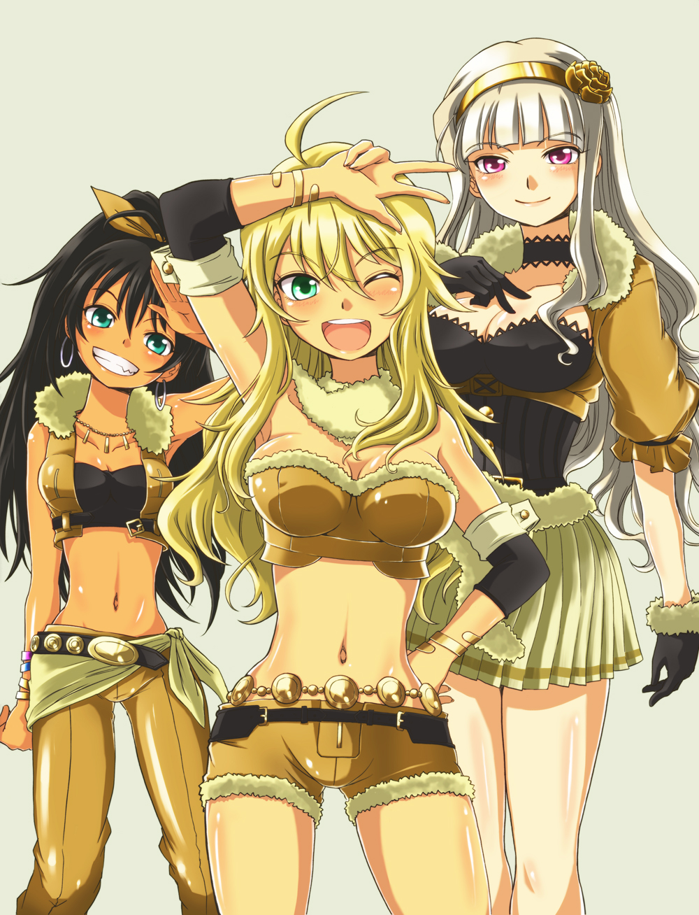 3girls, ;d, ahoge, beyond_the_nobles, beyond_the_vibes, beyond_the_wishes, black_gloves, black_hair