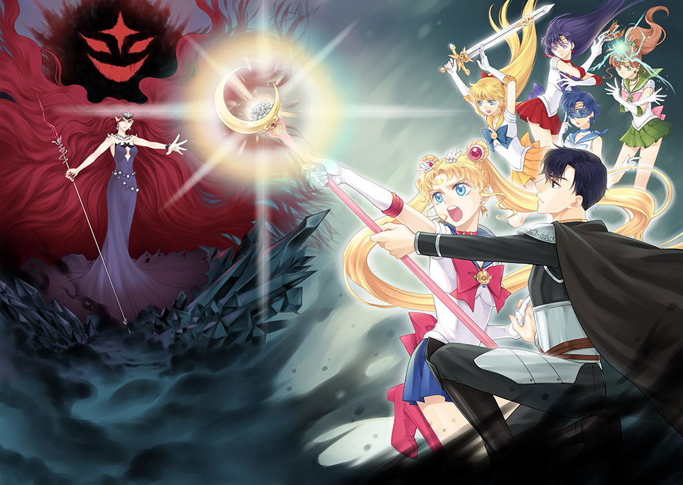 1boy, 6+girls, :o, absurdly_long_hair, aino_minako, armor, bishoujo_senshi_sailor_moon, bishoujo_senshi_sailor_moon_(first_season)