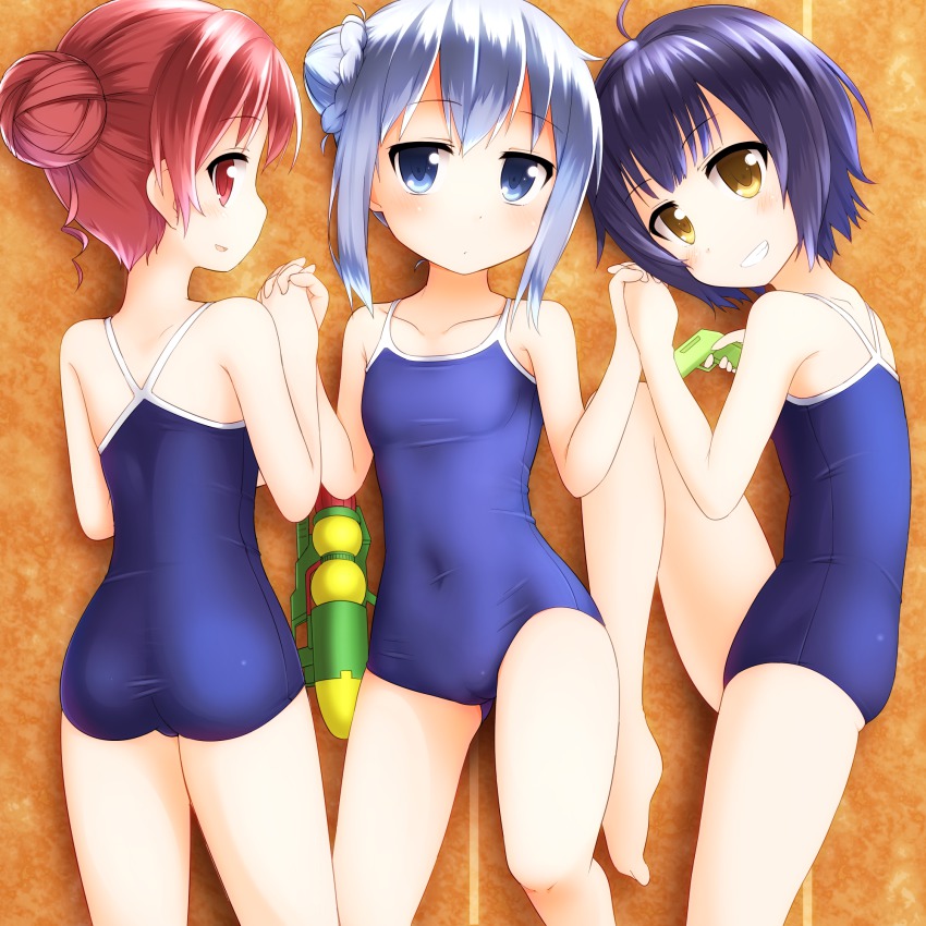 3girls, alternate_hairstyle, ass, barefoot, black_hair, blue_eyes, blue_hair, cameltoe