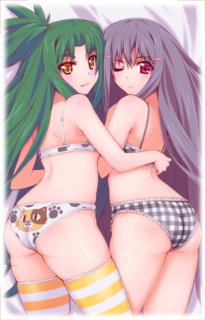 2girls, ass, black_hair, bullet_girls, cowboy_shot, fang, frilled_panties, frills, green_eyes, green_hair, hair_ornament, hairclip, kishino_remi, long_hair, looking_at_viewer, looking_back, mole, mole_under_eye, multiple_girls, official_art, one_eye_closed, panties, plaid_clothes, plaid_panties, purple_hair, red_eyes, striped_clothes, striped_legwear, striped_thighhighs, takanashi_tsukiyo, thighhighs, underwear, underwear_only, yellow_eyes