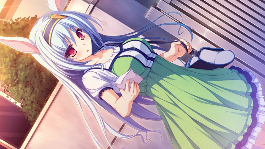 1girl, animal_ears, bag, blue_hair, blush, breasts, dress, elise_wallenstein