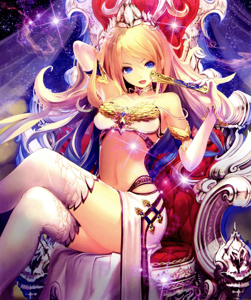 10s, 1girl, absurdres, arm_up, armor, bikini_armor, blonde_hair, blue_eyes, blue_hair, cassiopeia_(shingeki_no_bahamut), choker, collarbone, crossed_legs, crown, elbow_gloves, female_focus, folding_fan, gloves, hand_fan, highres, long_hair, matching_hair/eyes, midriff, multicolored_hair, navel, on_throne, revealing_clothes, scan, shingeki_no_bahamut, sitting, smile, solo, sparkle, strap_slip, tachikawa_mushimaro, thighhighs, throne, two-tone_hair, white_gloves, white_thighhighs