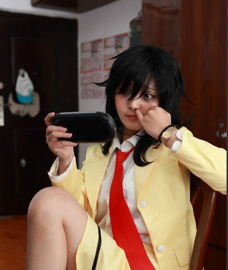 black_hair, cosplay, handheld_game_console, kuroki_tomoko, kuroki_tomoko_(cosplay), photo_(medium), playstation_vita, watashi_ga_motenai_no_wa_dou_kangaetemo_omaera_ga_warui!