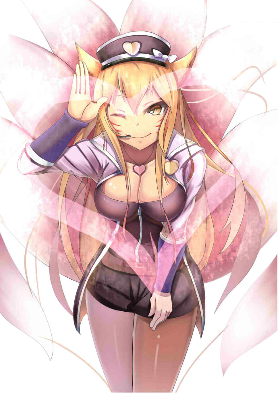 1girl, ;), ahri_(league_of_legends), alternate_costume, alternate_eye_color, alternate_hair_color, animal_ears, belt