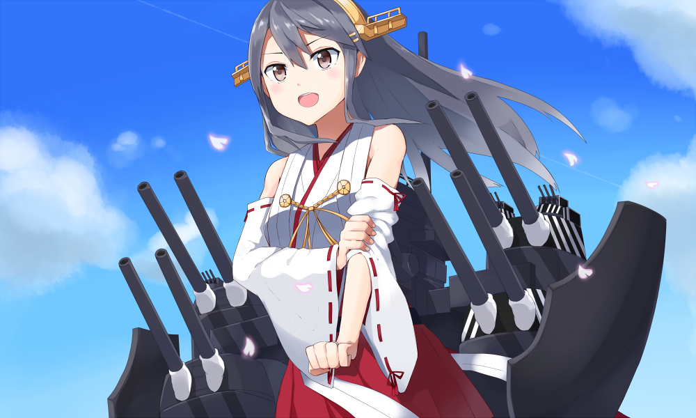 10s, 1girl, black_hair, brown_eyes, detached_sleeves, female_focus, hairband, haruna_(kancolle)
