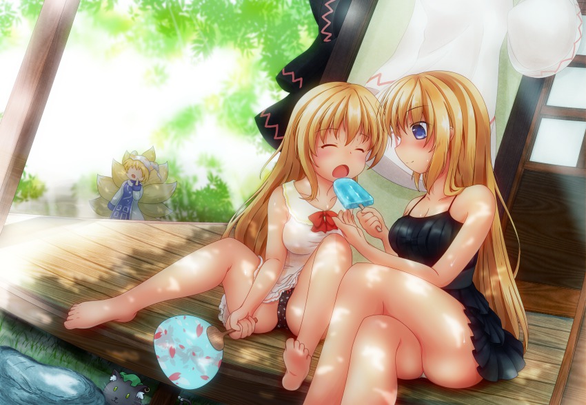 3girls, alternate_costume, bare_legs, bare_shoulders, barefoot, black_dress, black_panties, blonde_hair, breasts, chen, chen_(cat), chestnut_mouth, clothes, collarbone, dappled_sunlight, day, dress, dual_persona, covered_erect_nipples, closed_eyes, hand_fan, feeding, food, highres, hot, leaf, crossed_legs, lily_black, lily_white, looking_at_another, medium_breasts, multiple_girls, multiple_tails, open_mouth, outdoors, panties, pantyshot, paper_fan, popsicle, porch, print_panties, purple_eyes, sitting, spaghetti_strap, sunlight, tail, touhou, uchiwa, underwear, utahane, white_dress, white_panties, yakumo_ran, yakumo_yukari