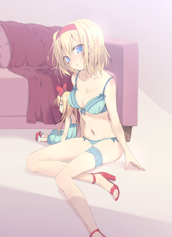 1girl, alice_margatroid, bad_id, bad_pixiv_id, blonde_hair, blue_bra, blue_eyes, blue_panties
