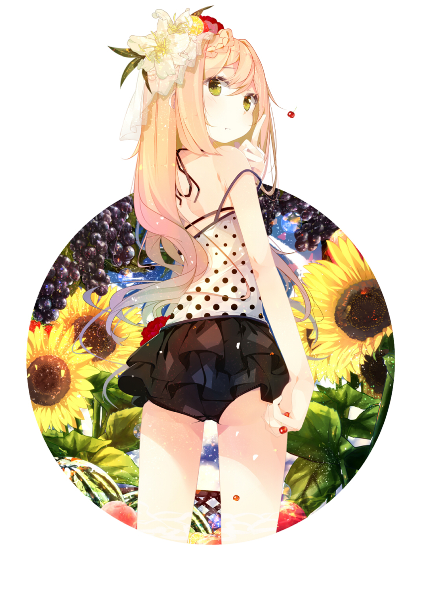 1girl, ass, back, bare_shoulders, benio_(dontsugel), black_panties, blush, braid, cherry, female_focus, flower, food, frilled_skirt, frills, from_behind, fruit, green_eyes, hair_flower, hair_ornament, highres, long_hair, looking_at_viewer, looking_back, miniskirt, nmaaaaa, original, panties, pantyshot, skirt, solo, standing, strap_slip, underwear, upskirt