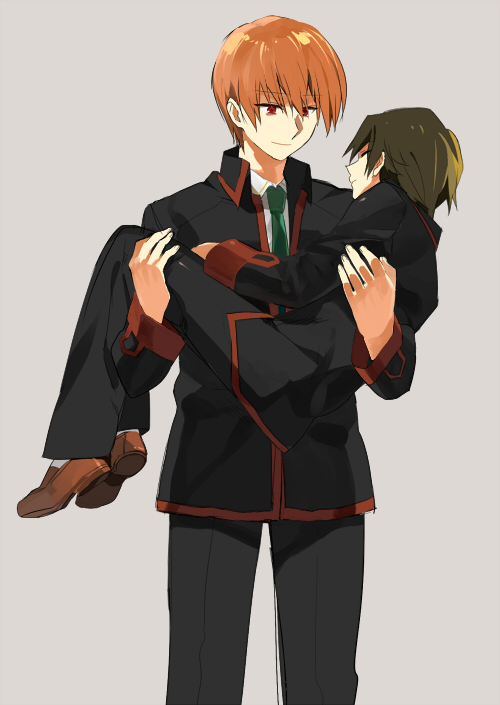 2boys, bad_id, bad_pixiv_id, brown_hair, carrying, closed_eyes, grey_background, little_busters!