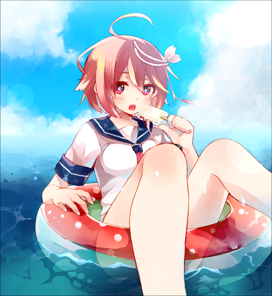 10s, 1girl, ahoge, bad_id, bad_pixiv_id, blush, female_focus, food, hair_ornament, i-58_(kancolle), kantai_collection, open_mouth, popsicle, red_eyes, red_hair, redbear07, school_uniform, serafuku, short_hair, solo, water
