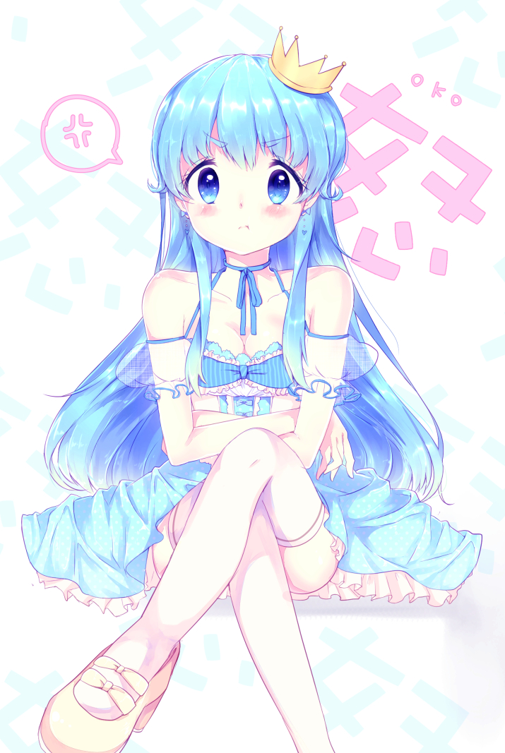 10s, 1girl, anger_vein, bare_shoulders, blue_eyes, blue_hair, blush, breasts