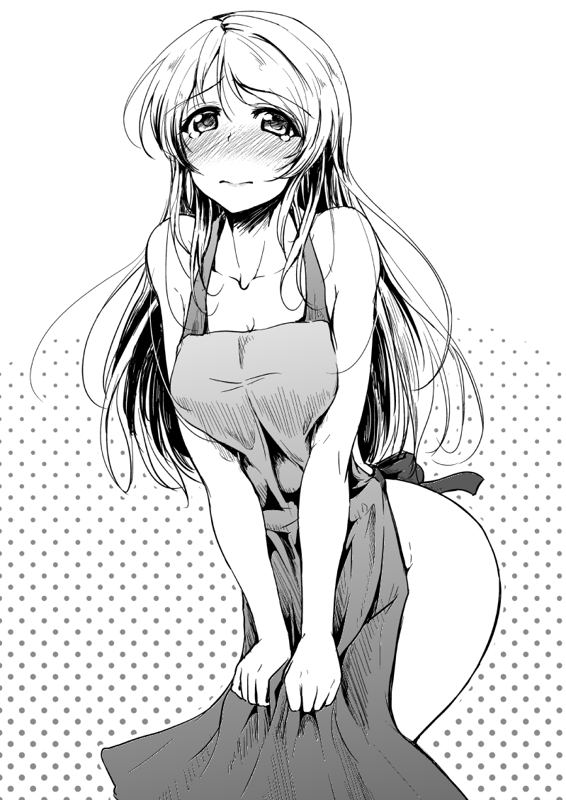 10s, 1girl, 3:, alternate_hairstyle, apron, ayase_eli, blush, breasts