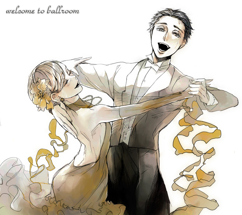 10s, 1boy, 1girl, akagi_mako, ballroom_e_youkoso, black_hair, brown_hair, dancing, dress, formal_clothes, fujita_tatara, manly, open_mouth, ron1031, short_hair, smile, suit, sweat