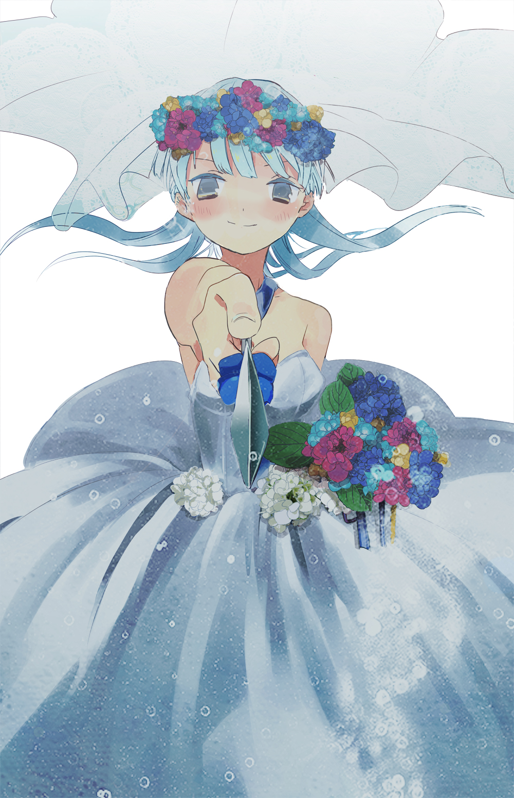 10s, 1girl, ansatsu_kyoushitsu, bare_shoulders, blue_hair, bouquet, bridal_veil, dress