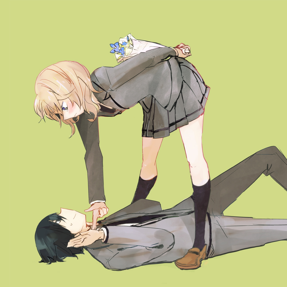 10s, 1boy, 1girl, ansatsu_kyoushitsu, black_hair, brown_hair, chiba_ryuunosuke, flower