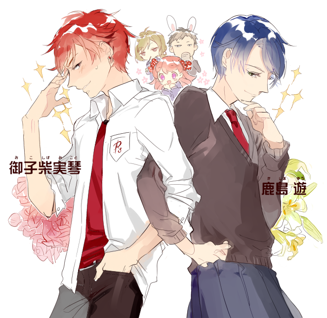 10s, 2boys, 3girls, androgynous, animal_ears, black_hair, blazer, bow