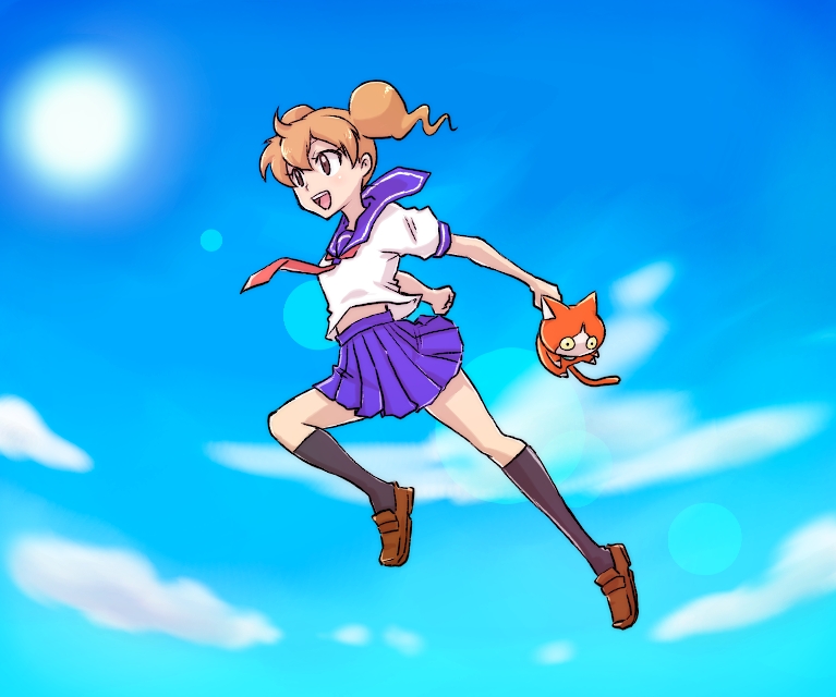 1girl, akamaru_(youkai_watch), brown_eyes, brown_hair, cat, cloud, day, emi-chan, jibanyan, ohshioyou, parody, school_uniform, serafuku, sky, toki_wo_kakeru_shoujo, twintails, youkai_watch