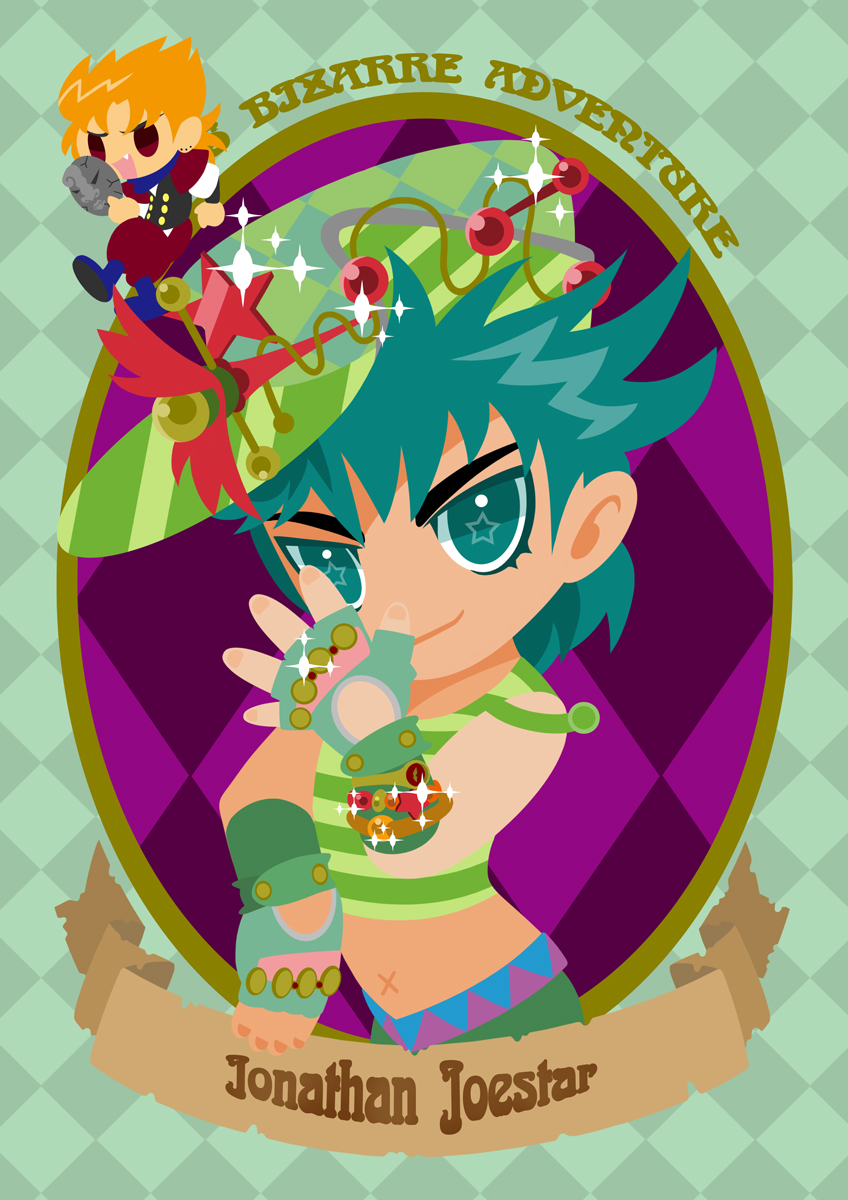 2boys, bad_id, bad_pixiv_id, blonde_hair, chibi, dio_brando, fang, fingerless_gloves