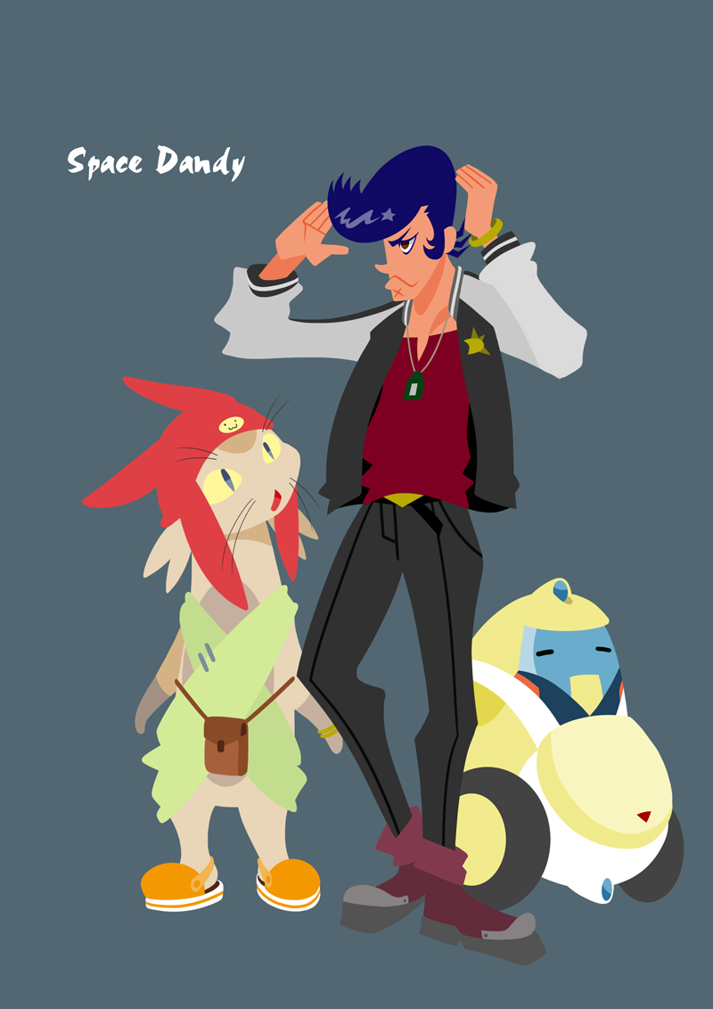 10s, 1boy, blue_hair, dandy_(space_dandy), jacket, kaorin_minogue, letterman_jacket, meow_(space_dandy)