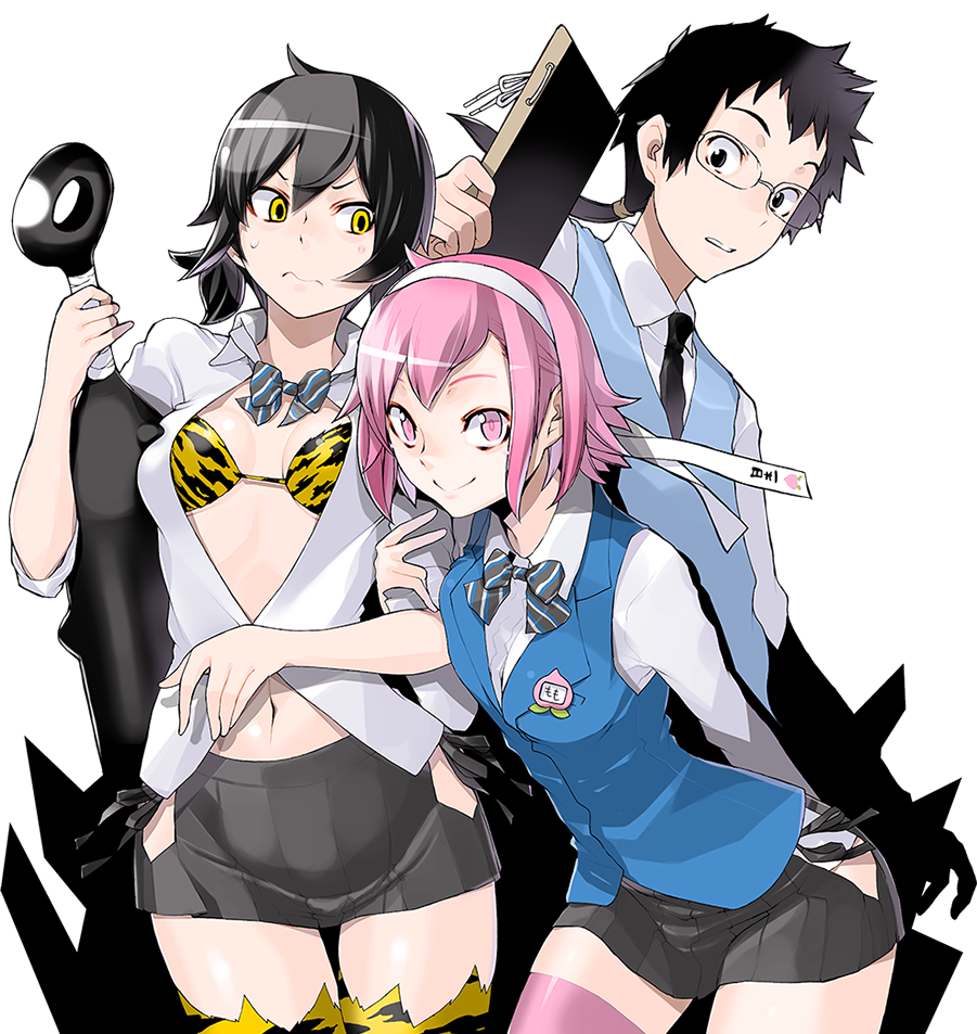 10s, 1boy, 2girls, 3:, 3:<, ai:_tenchi_muyou!, animal_print, arm_grab, holding_another's_arm, black_eyes, black_hair, bow, club_(weapon), frown, glasses, hairband, kanabou, kawanagare_momo, kinojyou_beni, masaki_tenchi, masaki_tenchi_(ai:_tenchi_muyou!), microskirt, multiple_girls, navel, necktie, open_clothes, open_shirt, pink_eyes, pink_hair, pink_legwear, ponytail, shirt, short_hair, side_slit, skirt, smile, tenchi_muyou!, thighhighs, tiger_print, transparent_background, v-shaped_eyebrows, vest, weapon, white_background, yasuda_suzuhito, yellow_eyes, zettai_ryouiki