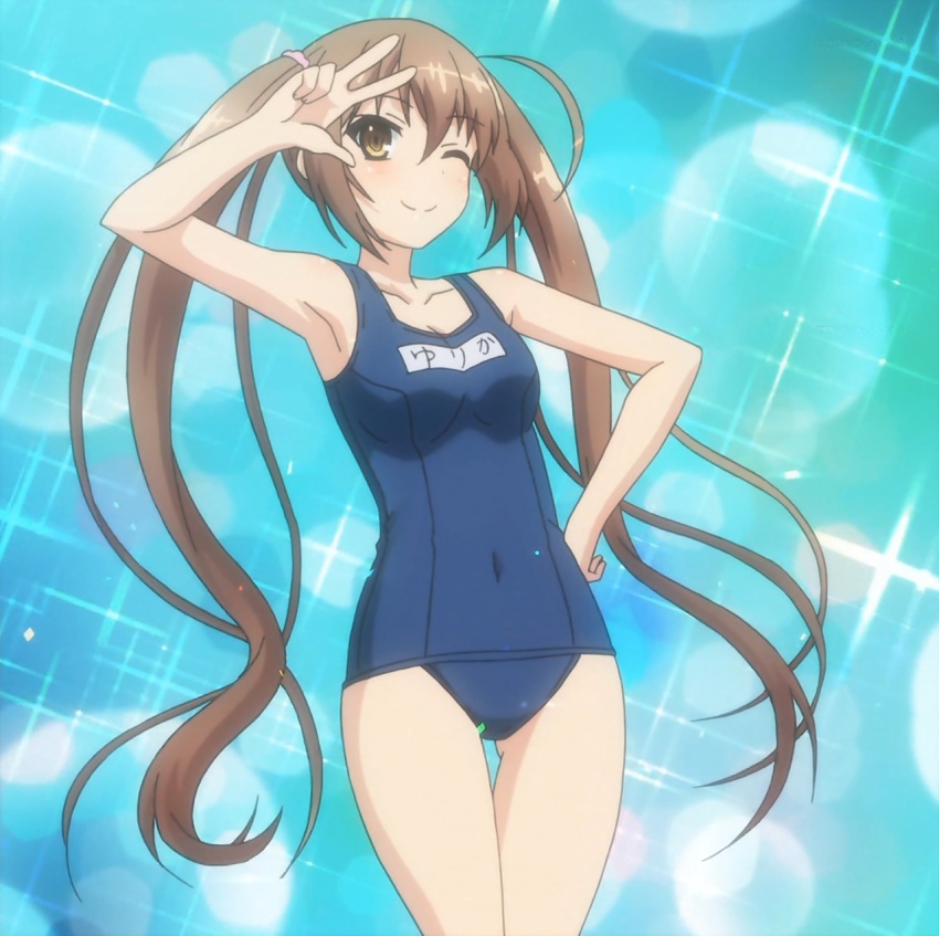 brown_eyes, brown_hair, highres, nijino_yurika, rokujouma_no_shinryakusha!?, school_swimsuit, screencap, sparkle