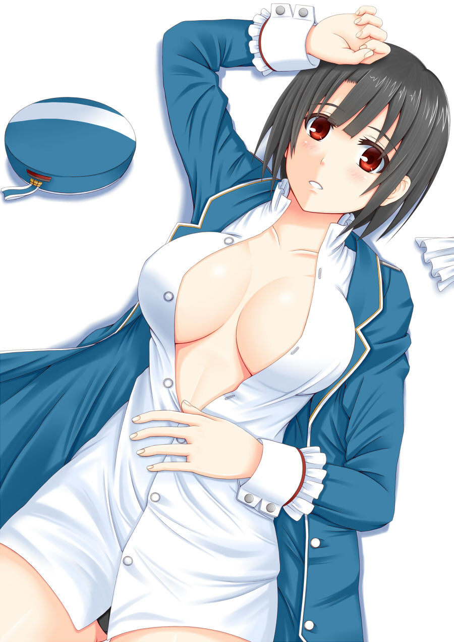 10s, 1girl, black_hair, black_panties, blush, breasts, female_focus, hat