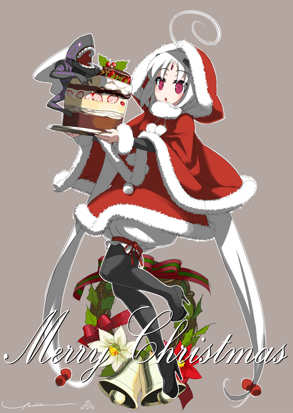 1girl, absurdly_long_hair, cake, female_focus, food, french-bread, full_body, fur_trim