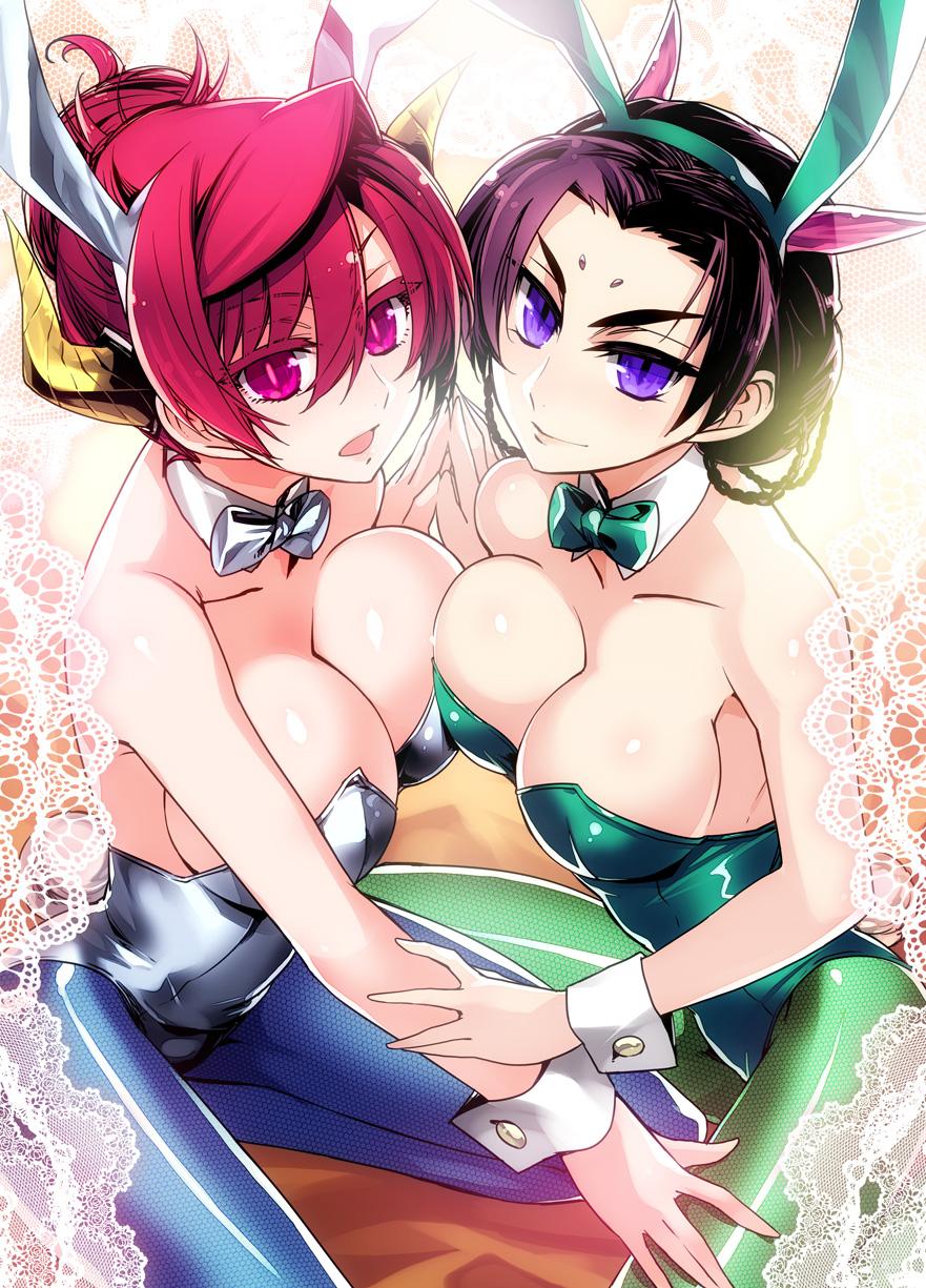 10s, 2girls, animal_ears, asymmetrical_docking, bare_shoulders, black_hair, blue_pantyhose, breast_press, breasts, cleavage, fake_animal_ears, fishnet_pantyhose, fishnets, green_legwear, hair_between_eyes, hair_up, hairband, highres, holding_hands, horns, huge_breasts, ishida_akira, karyuu_koujo, kneeling, large_breasts, long_hair, looking_at_viewer, maou_(maoyuu), maoyuu_maou_yuusha, multiple_girls, official_art, open_mouth, pantyhose, parted_bangs, playboy_bunny, promotional_art, purple_eyes, rabbit_ears, red_hair, smile, wrist_cuffs