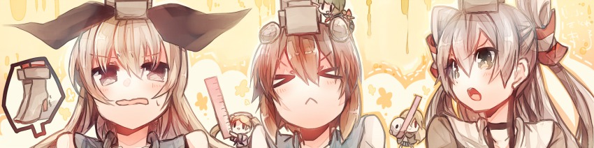 >_<, 10s, 12.7cm_twin_high-angle_gun_mount_fairy, 3girls, :<, amatsukaze_(kancolle), bad_id, bad_pixiv_id